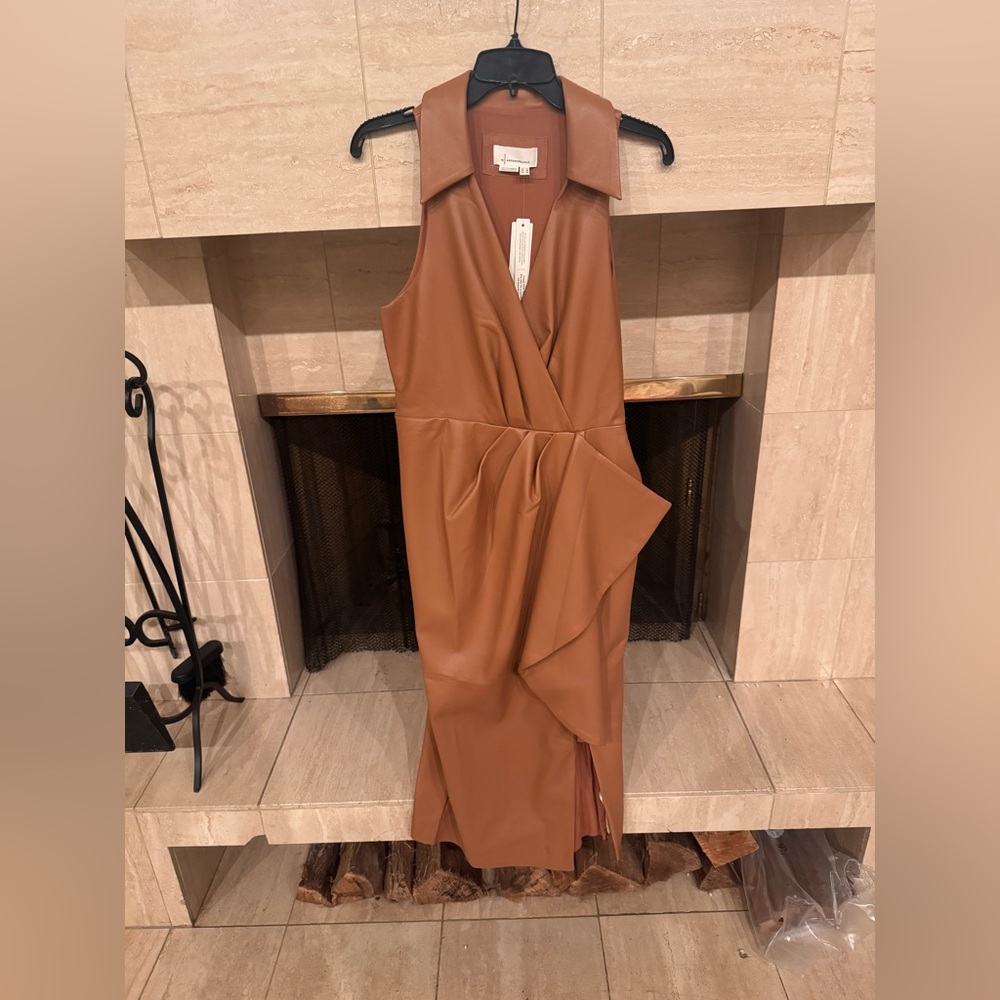 Tan faux leather dress with left side split